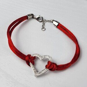925 Sterling Silver Lab Diamond Heart Charm Cord Bracelet Red 8 In Lobster Clasp